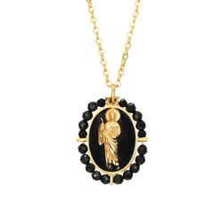 Colgante Acero Dorado Mujer CAS0037DOOX Imagen San Judas Tadeo C. Piedras Minerales Onix Negro