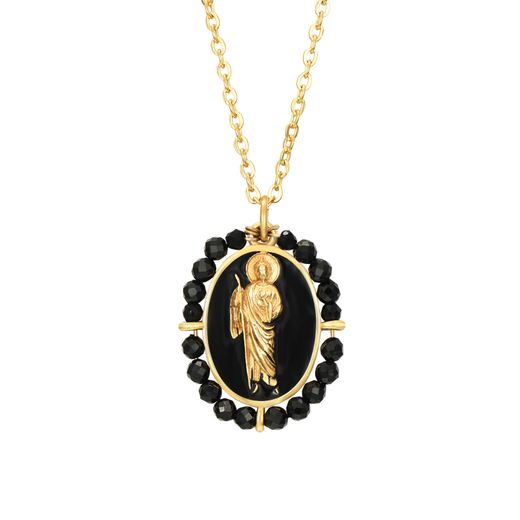 Colgante Acero Dorado Mujer CAS0037DOOX Imagen San Judas Tadeo C. Piedras Minerales Onix Negro