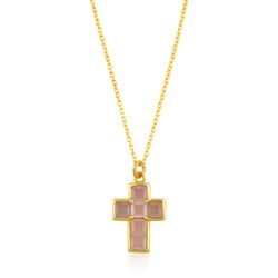 Colgante Bronce Dorado Mujer CBM0010DOCR Cruz Piedras Minerales Calcedonia Rosa