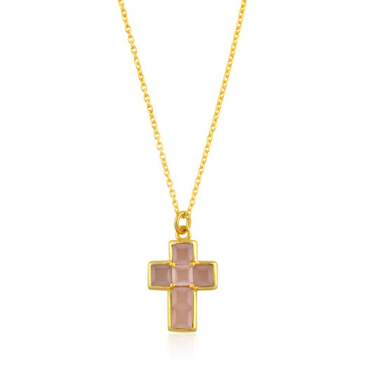 Colgante Bronce Dorado Mujer CBM0010DOCR Cruz Piedras Minerales Calcedonia Rosa