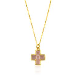 Colgante Bronce Dorado Mujer CBM0011DOCR Cruz Piedras Minerales Calcedonia Rosa