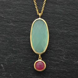 Colgante Plata Dorada Mujer COM0028DOCARU Piedras Minerales Calcedonia + Rubi