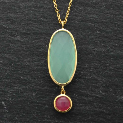 Colgante Plata Dorada Mujer COM0028DOCARU Piedras Minerales Calcedonia + Rubi
