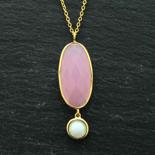 Colgante Plata Dorada Mujer COM0028DOCRPL Piedras Minerales Cuarzo Rosa + Piedra Luna