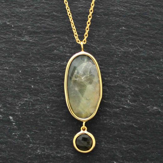 Colgante Plata Dorada Mujer COM0028DOLAOX Piedras Minerales Labradorita + Onix Negro