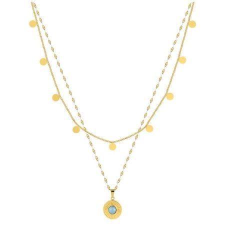 Colar de aço dourado Argyor-MRM (AC)432107 com corrente dupla e pingente azul