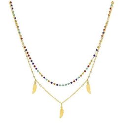 Collar Acero Dorado Argyor-MRM  (AC)432282 Cadena Con Piedras Multicolor y Plumas