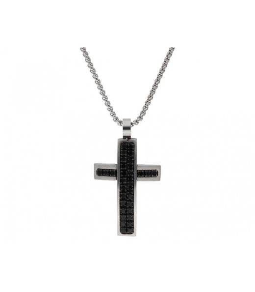 Colar Masculino Liska em Aço Preto 86CD257-B com Cruz de Zircônia