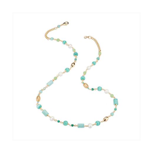 Collar Bronce Dorado Sovrani Mujer J12404 Piedras Turquesa y Perlas 88cm