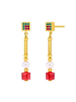 Pendientes Marea Plata Dorada D03501/BR Colgante Piedras/Perlas Multicolor