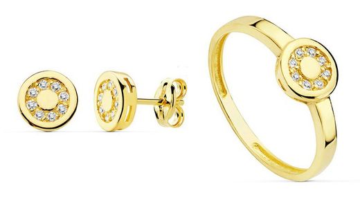 Communion Set 18kts Guld Runde Øreringe og 18kts Guld Ring Zirkoner Motiv 20735