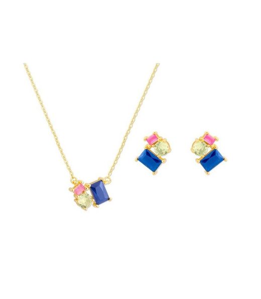 Conjunto Liska Feminino Dourado e Prateado MED362C-D Zircônia Multicolorida