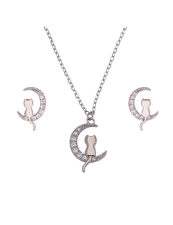 Conjunto Plata Mujer PJUE326 Gato Sentado Media Luna C. Circonitas