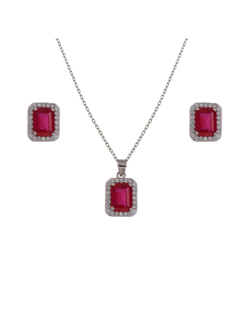 Conjunto Plata Mujer PJUE338/R Circonita Rectangular Roja Bicolor Blancas