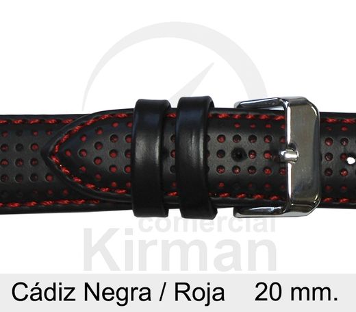 Correa Reloj Piel 20x75/115mm 134131N-R Cádiz Negra Pespuntes Rojos Cierre Hebilla