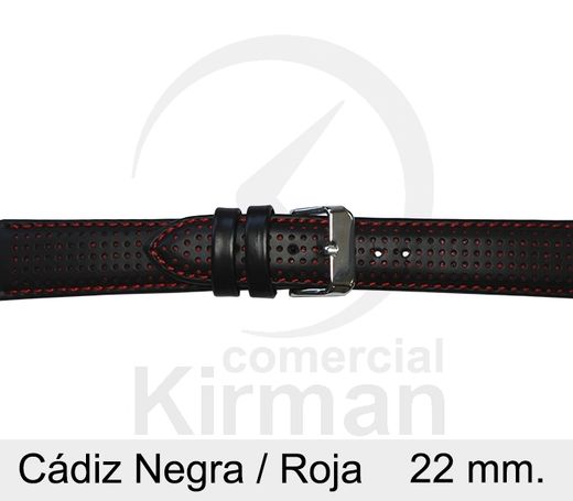 Correa Reloj Piel 22x75/115mm139131N-R Cadíz Negra/Roja Cierre Hebilla
