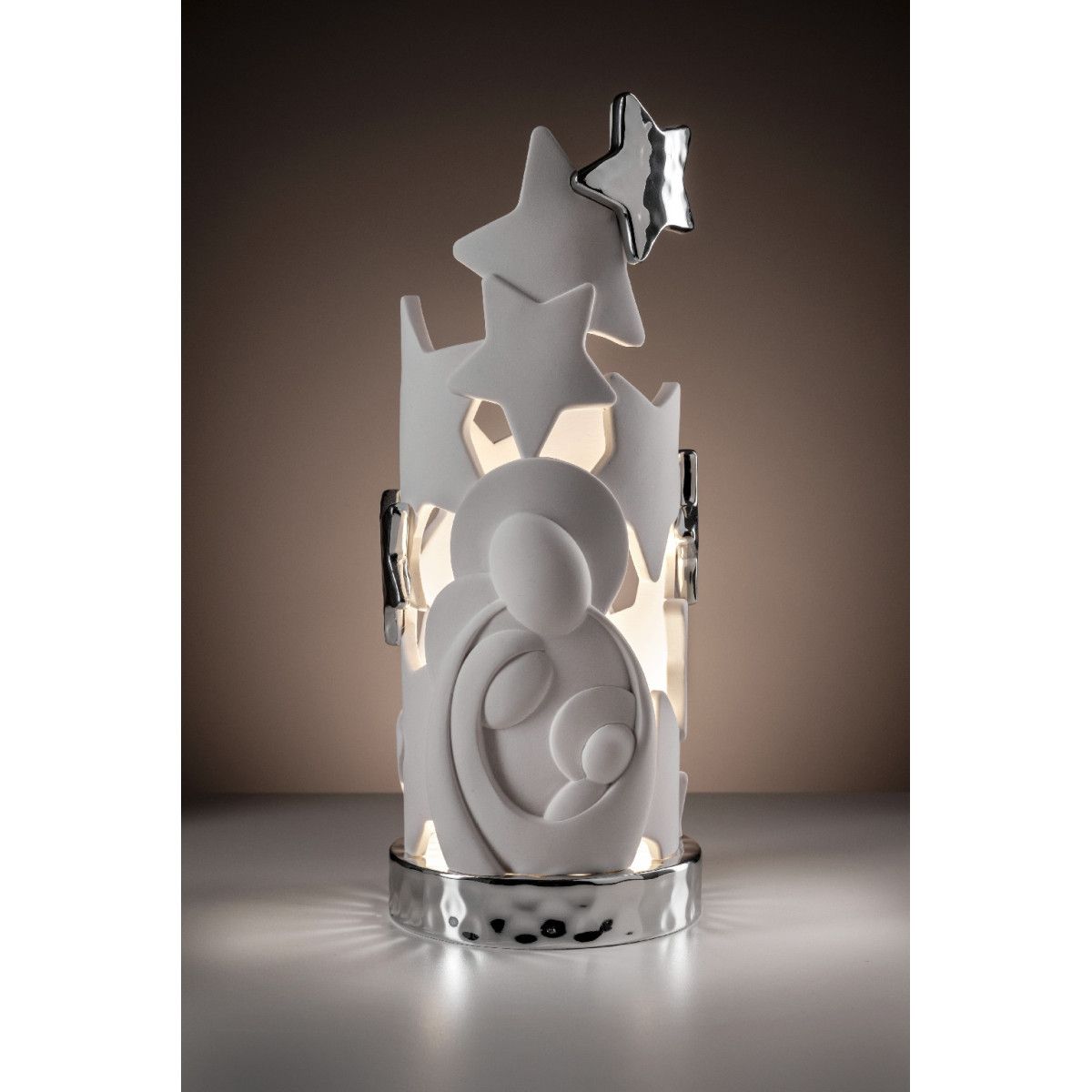 Lámpara Navideńa Cerámica 16cm NT134/1AG Pesebre Luz Led Base Plateada