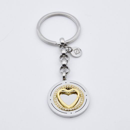Sovrani AV0062 Two-Tone Gold Steel Keychain with Heart Rhinestones and Zirconia