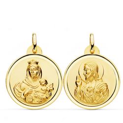 Medalla Escapulario Virgen del Carmen Corazón Jesús Bisel Oro 18kts 24mm P5003-124