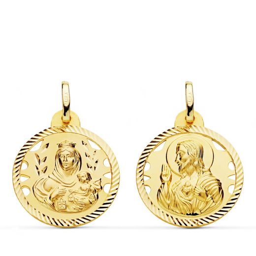 Scapulier Medaille Virgen del Carmen Hart Jezus Helice Cutwork Goud 18kts 20mm P5003-420