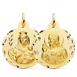 Medalla Escapulario Virgen del Carmen Corazón Jesús Tallado Oro 18kts 30mm P5003-330