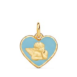 Medalla Oro 18kts 14 mm 22448-AZ Corazón Angelito Burlón en Esmalte Azul
