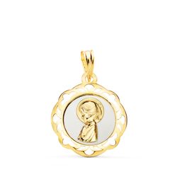 Medalla Oro 18kts 20X18 mm 22451-BL Virgen Nińa en Esmalte Blanco