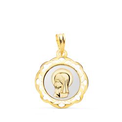 Medalla Oro 18kts 20X18 mm 22452-BL Virgen Nińa en Esmalte Blanco