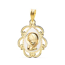Medalla Oro 18kts 22X16 mm 22453-BL Virgen Nińa en Esmalte Blanco