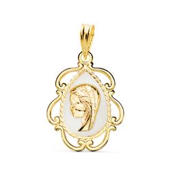 Medalla Oro 18kts 22X16 mm 22454-BL Virgen Nińa Perfil en Esmalte Blanco