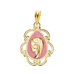 Medalla Oro 18kts 22X16 mm 22454-RS Virgen Nińa en Esmalte Rosa