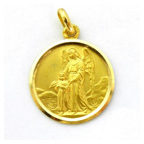 Medalla Oro 18kts Angel De La Guarda Bisel Lapidado 16mm M1/11/14/16