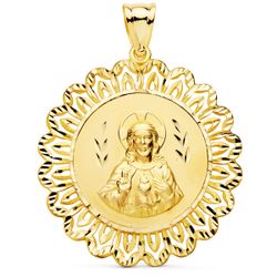 Medalla Oro 18kts Corazón De Jesús Cerco Tallado 37x37mm P5067-337