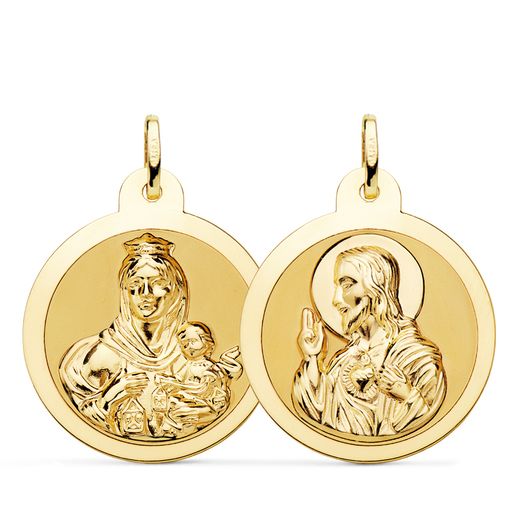 Medalla Oro 18kts Escapulario Virgen Del Carmen y Corazón de Jesús 26mm P5003-826