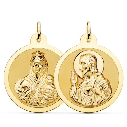Medalla Oro 18kts Escapulario Virgen Del Carmen y Corazón de Jesús 30mm P5003-830