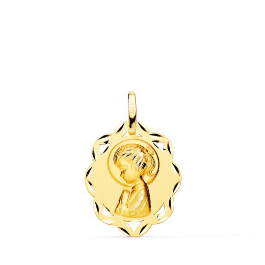 Medalla Oro 18kts Hojas Virgen Niña Matizada Tallada 20x16mm P9129-323