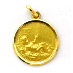 Medalla Oro 18kts Nińo En Pesebre Bisel Lapidado 20mm M1/11/15/20