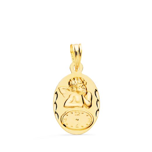 Medalla Oro 18kts Oval Angelito Burlón C. Reloj Tallada P9292-319 19x12mm