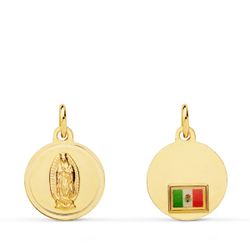 Medalla Oro 18kts Virgen de Guadalupe C. Bandera Mexico P6068-116 16mm