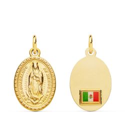Medalla Oro 18kts Virgen de Guadalupe C. Bandera Mexico P6069-18 Oval 18x14mm