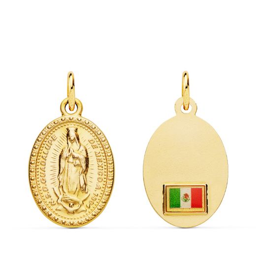 Medalla Oro 18kts Virgen de Guadalupe C. Bandera Mexico P6069-18 Oval 18x14mm