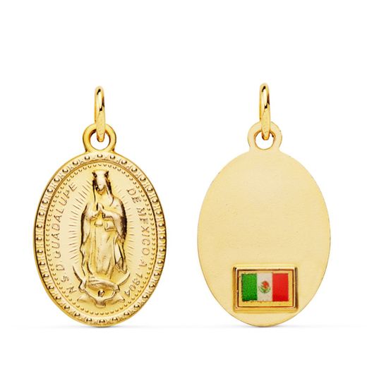 Medalla Oro 18kts Virgen de Guadalupe C. Bandera Mexico P6069-20 Oval 20x15mm