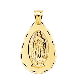 Medalla Oro 18kts Virgen de Guadalupe Forma Gota Tallada P6060-335 36x23mm