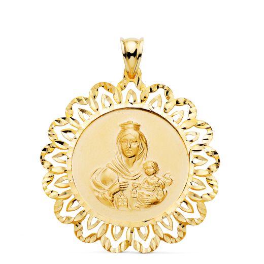 Medalla Oro 18kts Virgen Del Carmen Cerco Tallado 34x34mm P5040