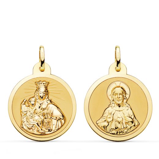 Medalla Oro 18kts Virgen Del Carmen y Corazón de Jesús 22mm P5006-822