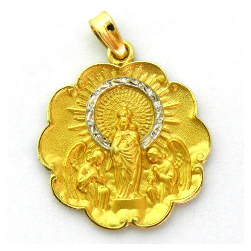 Medalla Oro 18kts Virgen Del Pilar Con Corona De Brillantes Y Bisel Ondas 27mm MC1/6/9/27