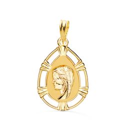 Medalla Oro 18kts Virgen Niña Cerco Calado Forma Gota P9258-CAB 23x15mm