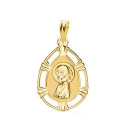 Medalla Oro 18kts Virgen Niña Cerco Calado Forma Gota P9258-VN22 23x15mm