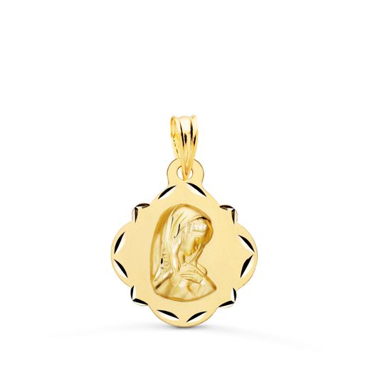 Medalla Oro 18kts Virgen Niña Pandereta Tallada 19x16mm P9134-316