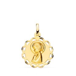 Medalla Oro 18kts Virgen Niña Perfil Matizada Calada 19mm P9132-319